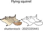 Funny cute animal flying squirrel isolated on white background. Linear, contour, black and white and colored version. Illustration can be used for coloring book and pictures for children