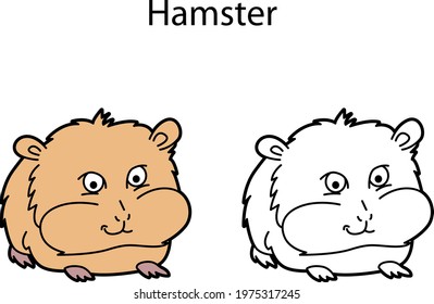 Funny cute animal hamster isolated on white background. Linear, contour, black and white and colored version of pet. Illustration can be used for coloring book and pictures for children