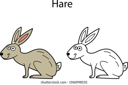 Funny cute animal hare isolated on white background. Linear, contour, black and white and colored version. Illustration can be used for coloring book and pictures for children