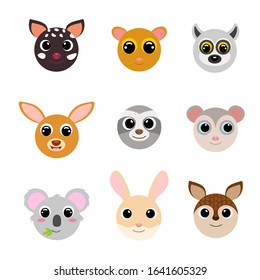 Funny cute animal heads. Cartoon characters. Flat vector stock illustration on white background. Cute heads of sloth, kangaroo, koala, opossum, jerboa, lemur, tarsier,  xenurine, quoll