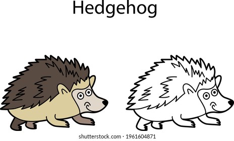 Funny cute animal hedgehog isolated on white background. Linear, contour, black and white and colored version. Illustration can be used for coloring book and pictures for children