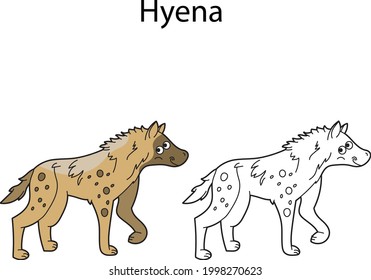 Funny cute animal hyena isolated on white background. Linear, contour, black and white and colored version. Illustration can be used for coloring book and pictures for children