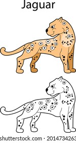Funny cute animal jaguar isolated on white background. Linear, contour, black and white and colored version. Illustration can be used for coloring book and pictures for children