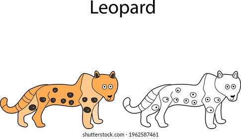 Funny cute animal leopard isolated on white background. Linear, contour, black and white and colored version. Illustration can be used for coloring book and pictures for children