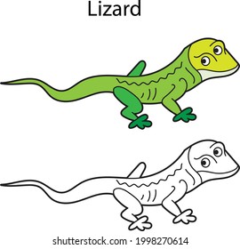 Funny cute animal lizard isolated on white background. Linear, contour, black and white and colored version. Illustration can be used for coloring book and pictures for children