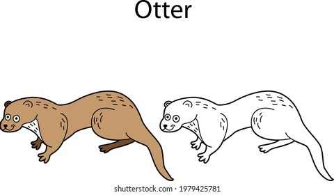 Funny cute animal otter isolated on white background. Linear, contour, black and white and colored version. Illustration can be used for coloring book and pictures for children