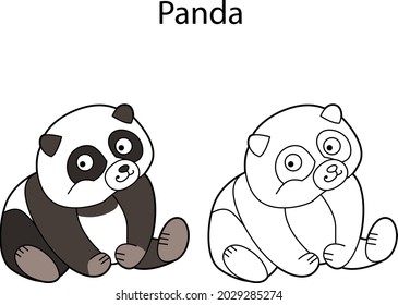 Funny cute animal panda isolated on white background. Linear, contour, black and white and colored version. Illustration can be used for coloring book, design template and pictures for children