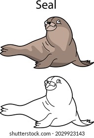 Funny cute animal seal isolated on white background. Linear, contour, black and white and colored version. Illustration can be used for coloring book, design template and pictures for children