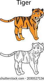 Funny cute animal tiger isolated on white background. Linear, contour, black and white and colored version. Illustration can be used for coloring book, design logo and pictures for children
