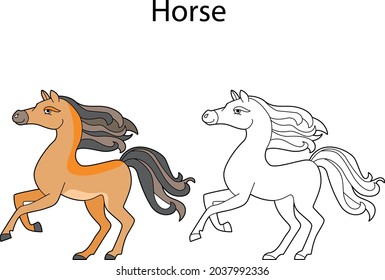 Funny cute animal unicorn isolated on white background. Linear, contour, black and white and colored version. Illustration can be used for coloring book, design logo and pictures for children