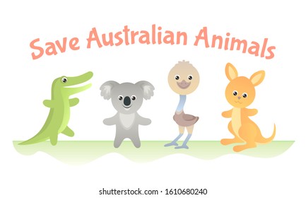 Funny cute animals. Crocodile, koala, emu and kangaroo. Cartoon children character. Vector simple illustration isolated on white background.  Save Australian animals.