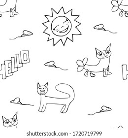 Funny cute animals seamless pattern. Cute doodle style images. Line art. Contour vector illustration. Design for fabric, packaging, wallpaper. Kawaii