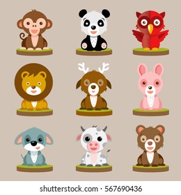 Funny and Cute Animals Vector illustrations Icon Set isolated