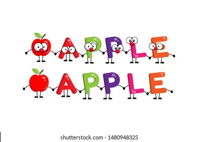funny cute apple text with eye in comic style. funny friends character concept. illustration for kids.cartoon style