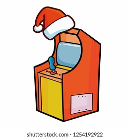 Funny and cute arcade machine ready to be played wearing Santa's hat for christmas - vector