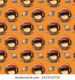 Funny Cute Astronaut head Exploring Saturn Planet Character Seamless Pattern in Hand-Drawn Vector Cartoon Illustration