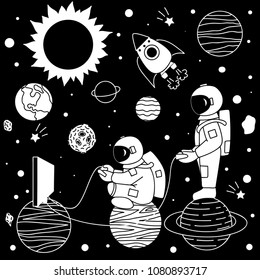 Funny cute astronaut playing video game with his best friend on their own space.Design for printed tee and other design element. Vector illustration