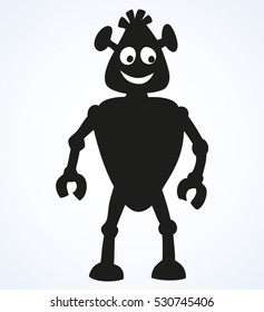 Funny cute auto droid stand on suction cups on legs isolated on white background. Dark ink hand drawn picture logo sketch in art retro engraving style with space for text