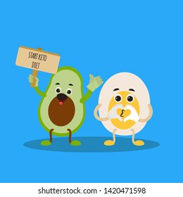 Funny cute avocado character  with egg. Start keto diet. Ketogenic diet for weight loss and treatment. 