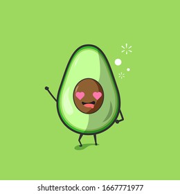 Funny cute avocado character. Vector flat avocado cartoon character falling in love. Isolated on green background. Avocado fruit concept