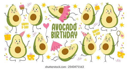 Divertidos personajes emoji kawaii de fiesta de fruta de aguacate lindo que celebran el conjunto de eventos festivos de cumpleaños. Antropomórfico adorable orgánico imprimible jugosa mascota sintiéndose feliz y descansar Ilustración vectorial