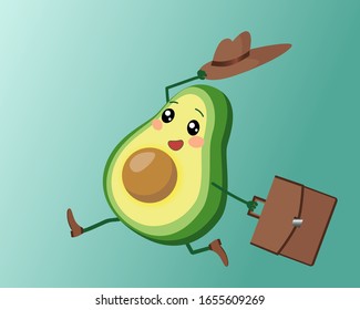 Funny cute avocado in a hurry to work or on other important matters.