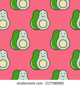 Funny cute avocado vector seamless pattern. Background characters fruits smile. Print for design of clothes, textiles, packaging and paper. Repeating baby template