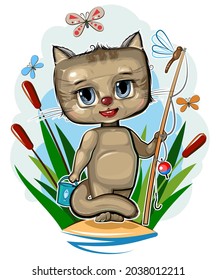 Funny cute baby Cat on the bank of the stream. A fisherman with a fishing rod among the reeds. Naive animal child. Cartoon style. Illustration for children. Isolated over white background. Vector.