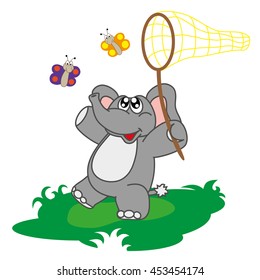 Funny cute baby elephant with butterfly net. Funny cartoon character. Summer entertainment. Vector image