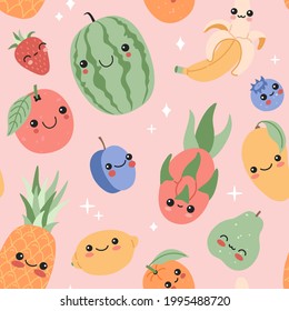 Funny cute baby fruits with smiling face cartoon seamless pattern. Kawaii tropical food repeat pink background. Magic stars, exotic characters in flat doodle style. Modern trendy vector illustration