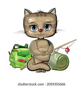 Funny cute baby Kitten. He asks to take him fishing. Backpack m fishing rod. Naive animal child. Cartoon flat style. Illustration for children. Isolated over white background. Vector.