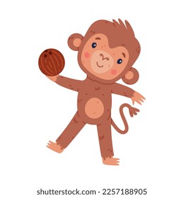 Funny cute baby monkey playing with coconut. African tropical animal cartoon character vector illustration