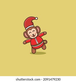 Funny Cute Baby Monkey With Santa Clause Costume. Character, Mascot, Logo, Cartoon, Icon, and Cute Design. Vector and Illustration.