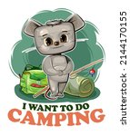 Funny cute baby Mouse. He asks to take him camping. Backpack m fishing rod. Naive animal child. Cartoon style. Illustration for children. Isolated over white background. Vector