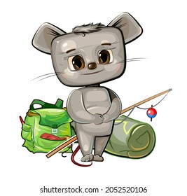 Funny cute baby Mouse. He asks to take him fishing. Backpack m fishing rod. Naive animal child. Cartoon flat style. Illustration for children. Isolated over white background. Vector.