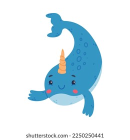 Funny cute baby narwhal. Cheerful sea mammal animal cartoon character vector illustration