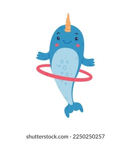 Funny cute baby narwhal exercising with hula hoop. Sea mammal animal cartoon character vector illustration