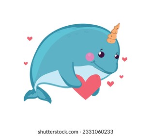 Funny cute baby narwhal holding red heart. Sea mammal animal cartoon character fell in love vector illustration.