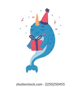 Funny cute baby narwhal in party hat holding gift box. Sea mammal animal cartoon character celebrating holiday vector illustration