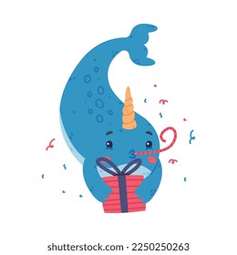 Funny cute baby narwhal with present box. Sea mammal animal cartoon character in party hat celebrating holiday vector illustration