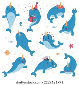 Funny cute baby narwhal set. Sea mammal animal cartoon character in different everyday activities vector illustration