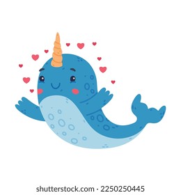 Funny cute baby narwhal surrounded by red hearts. Lovely sea mammal animal cartoon character vector illustration