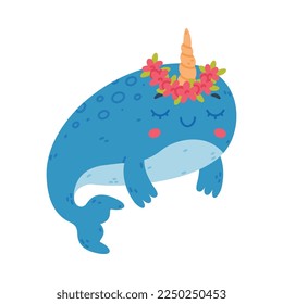 Funny cute baby narwhal in wreath of flowers. Sea mammal animal cartoon character vector illustration