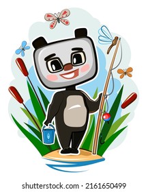 Funny cute baby panda Bear on the bank of stream. Fisherman with fishing rod among reeds. Naive animal child. Cartoon style. Illustration for children. Isolated over white background. Vector.