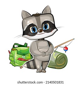 Funny cute baby Raccoon. He asks to take him fishing. Backpack m fishing rod. Naive animal child. Cartoon flat style. Illustration for children. Isolated over white background. Vector.