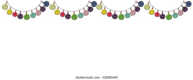 Funny cute background with semicircular garlands of multi-colored Christmas balls painted hands. Suitable for processing the edge of the sheet greeting cards Christmas greetings