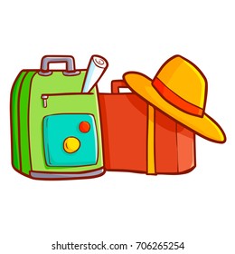 Funny and cute backpack, suitcase with travel hat on it - vector.