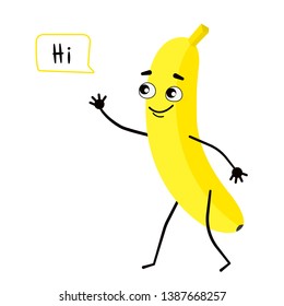 Funny cute banana character waving his hand. Cheerful banana welcomes and says hi. Vector illustration.