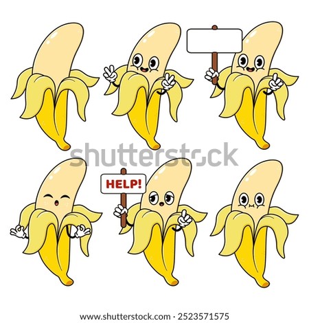 Funny cute Banana characters bundle set. Vector hand drawn doodle style traditional cartoon vintage, retro character illustration design. Isolated white background. Happy Banana