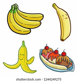 Funny and cute banana set in cartoon style  - vector.